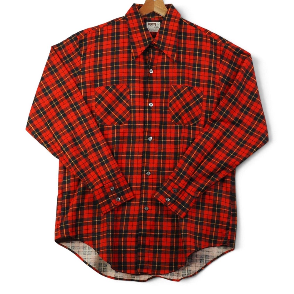Montgomery Ward Mens Flannel Shirt L Red Plaid 70s Deadstock Workwear Cabincore‎